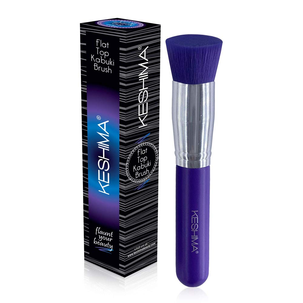 Keshima Flat Top Kabuki Foundation Brush - Premium Neon Purple Makeup Brush For Liquid & Cream