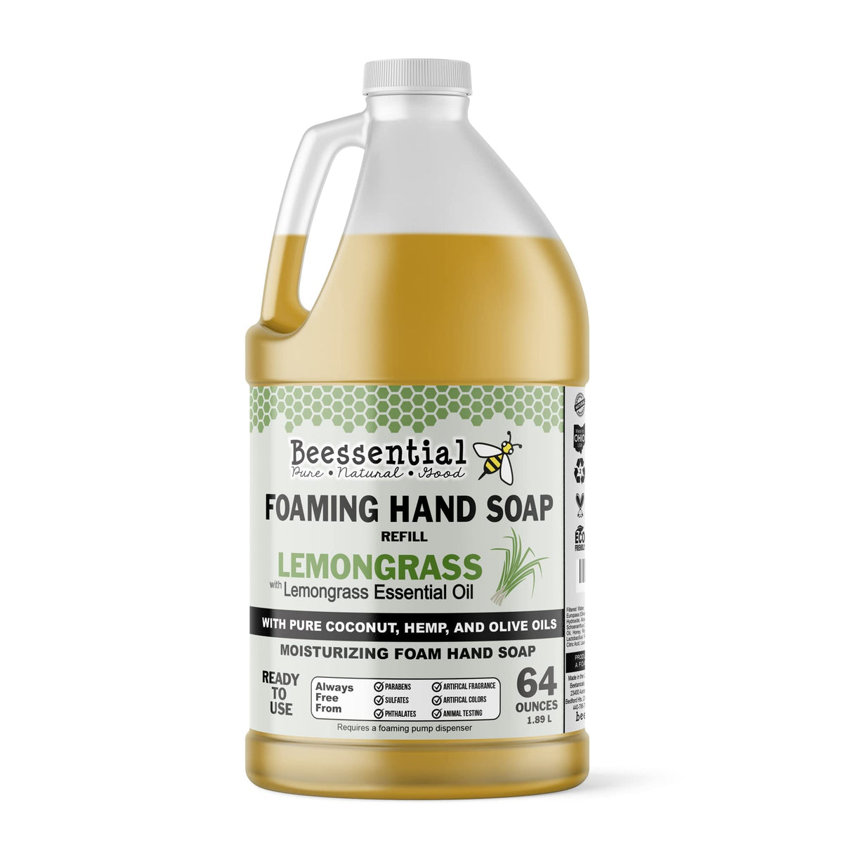 Beessential Lemongrass Foaming Hand Soap Refill, 64 Oz - Moisturizing Aloe & Honey