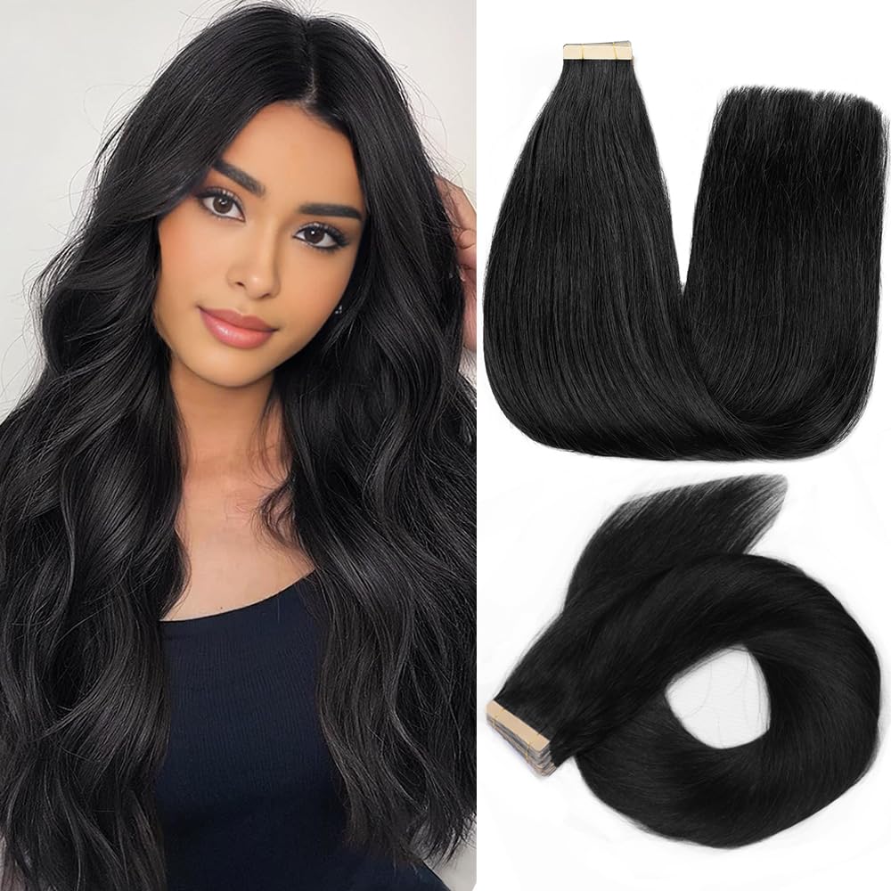 Yddm 22 Inch Jet Black Tape In Hair Extensions - 20Pcs Human Hair, Invisible Seamless, Straight