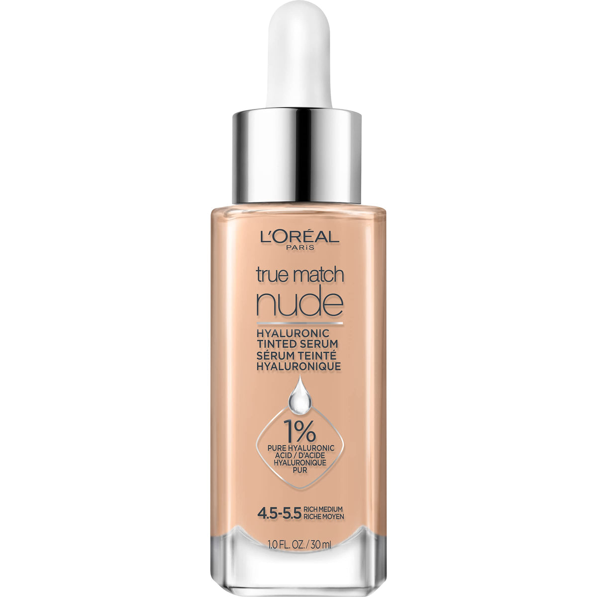 L'Oreal Paris True Match Nude Hyaluronic Tinted Serum Foundation, Rich Medium 4.5-5.5, 1 Fl