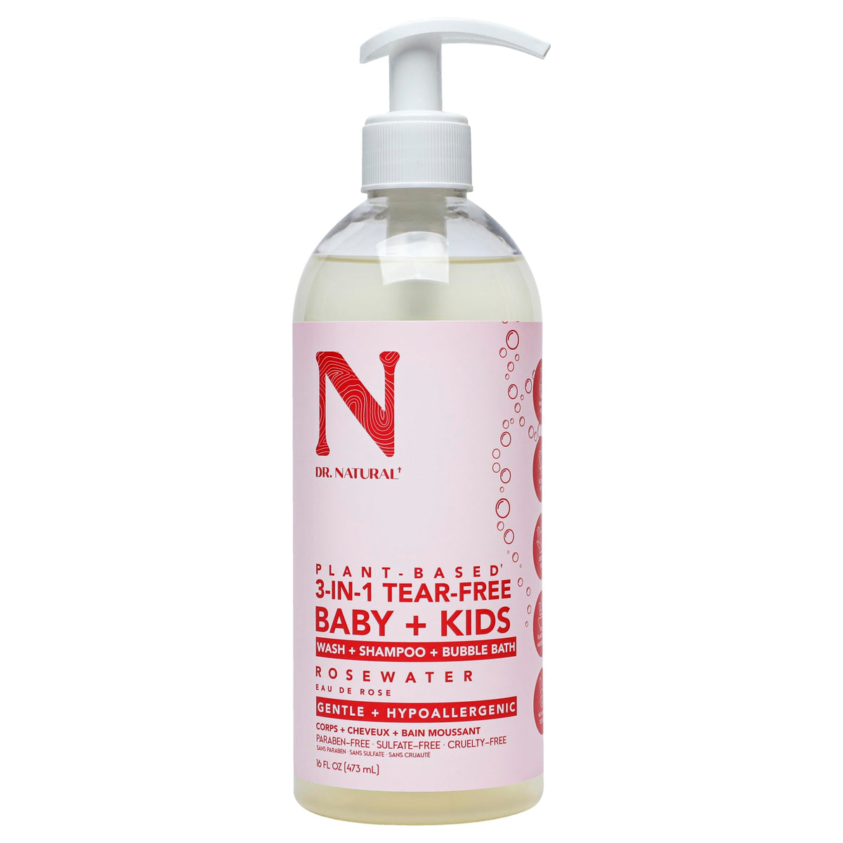 Dr Natural 3in1 TearFree Baby Plus Kids Soap  Rosewater  16 oz  PlantBased Baby Shampoo and Body Wash  Sulfate and Parabe