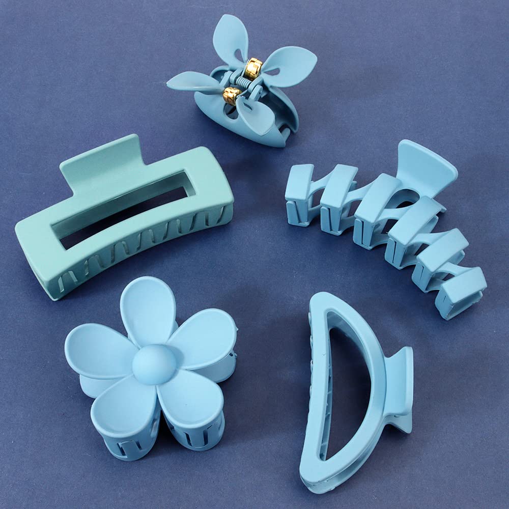 Ahoney Blue Matte Large Claw Clips - 5 Pack For Thick Hair, Strong Hold Hair Accessories