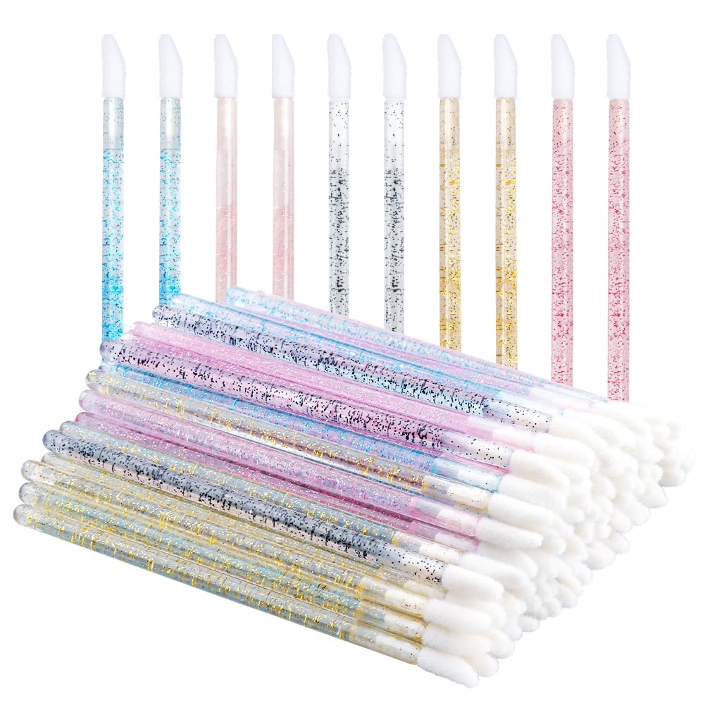 G2Plus 100Pcs Glitter Crystal Lip Brushes - Disposable Lip Gloss Applicators, Multi-Colored Wands