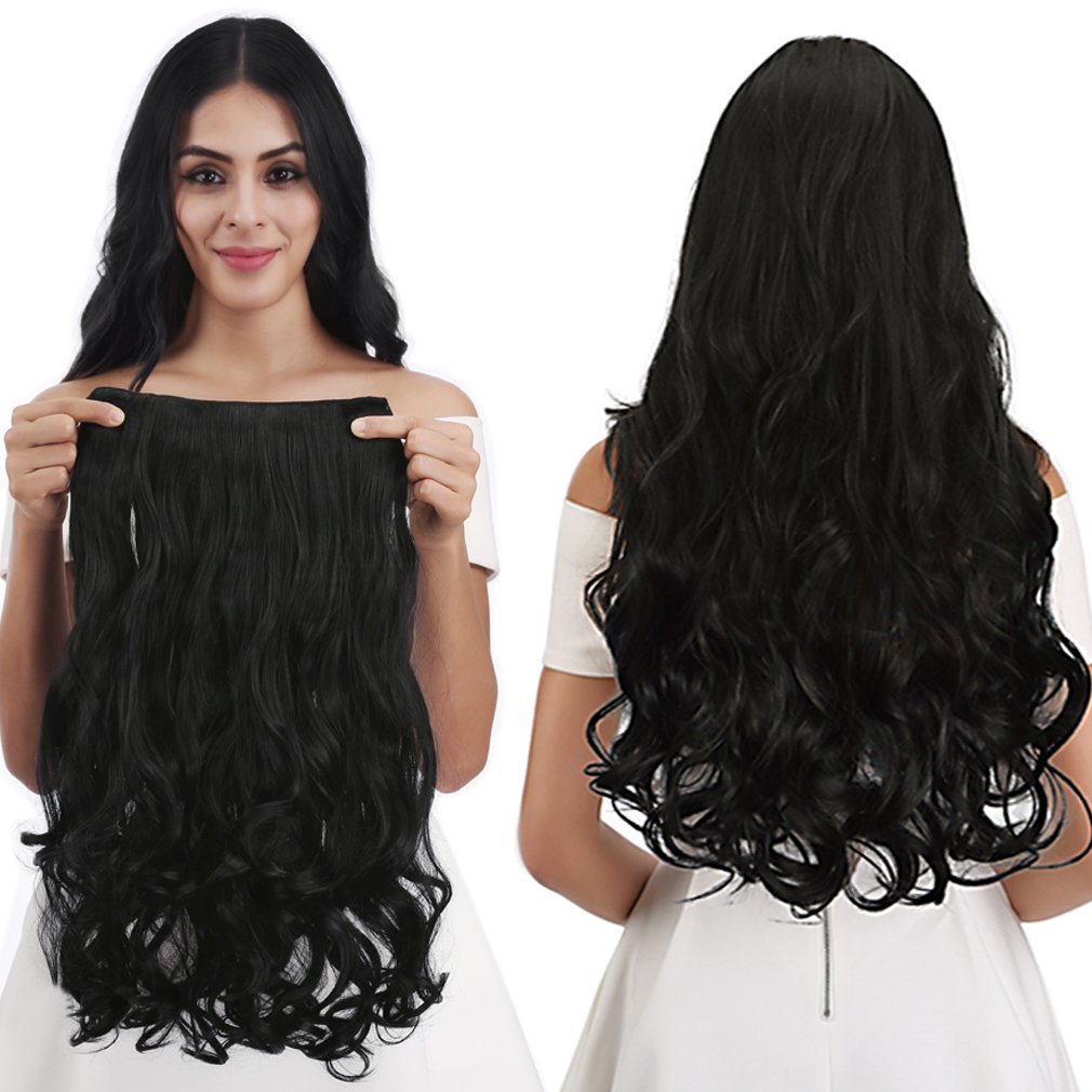 REECHO 24&quot; Natural Black Curly Wave Hair Extensions - 5 Clips Synthetic Hairpiece for Women