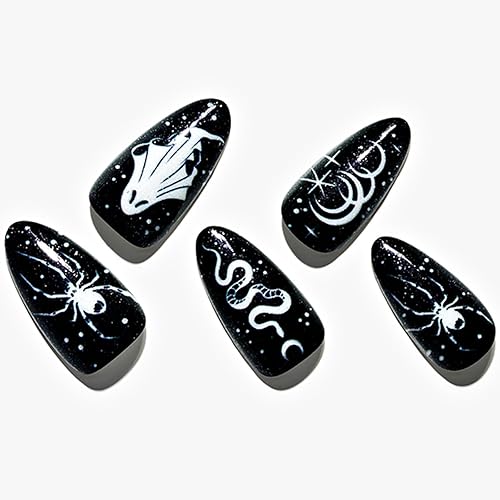 GLAMERMAID Medium Almond Press on Nails - Winter Gothic Black, 24 Pcs Reusable UV Finish