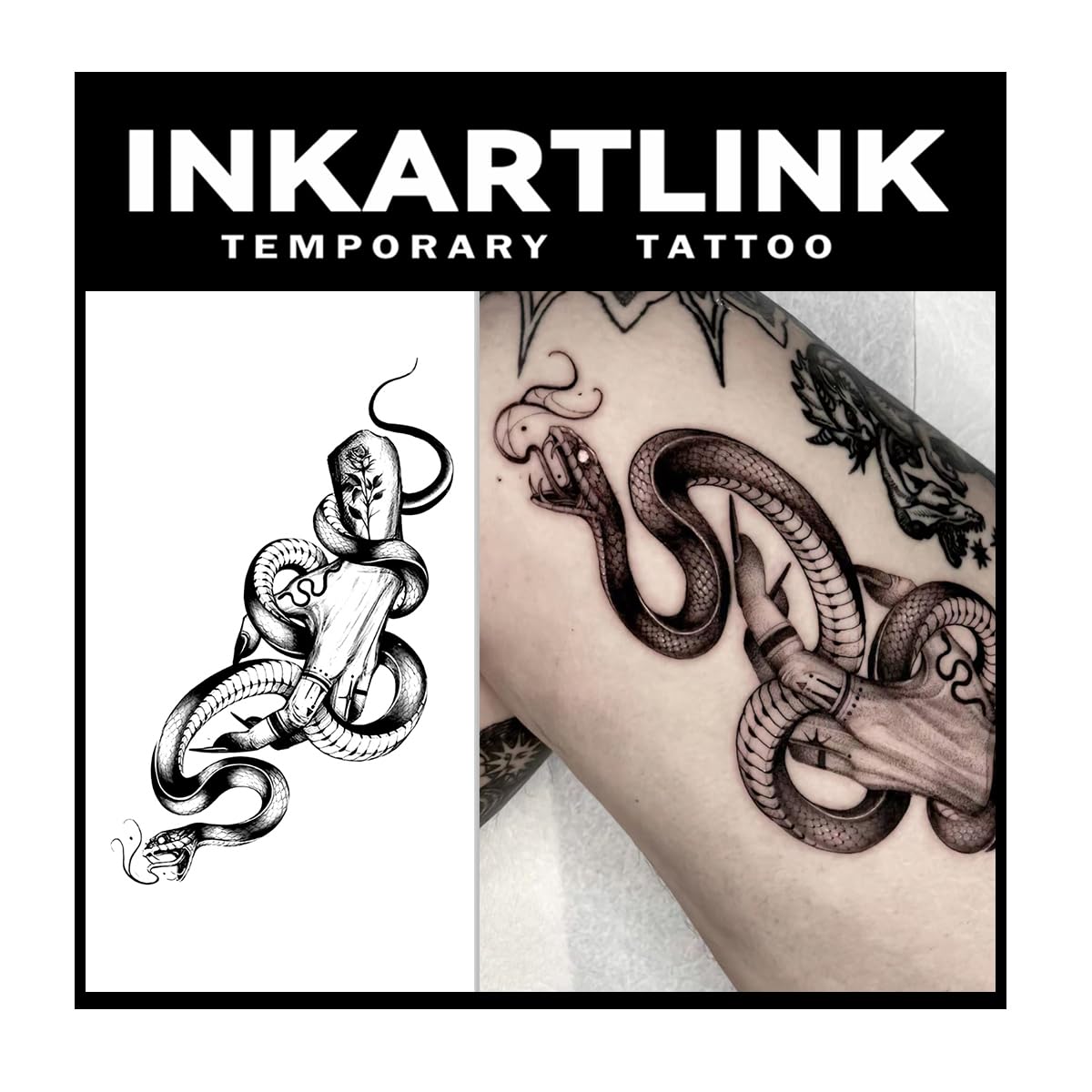 Inkartlink Semi-Permanent Tattoo - Man & Snake Design, Waterproof, Lasts 1-2 Weeks, Adult Art