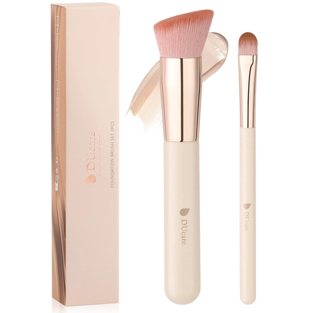 DUcare Pink Foundation Concealer Brush Set - 2 Flat Top Kabuki Makeup Brushes for Liquid & Powder