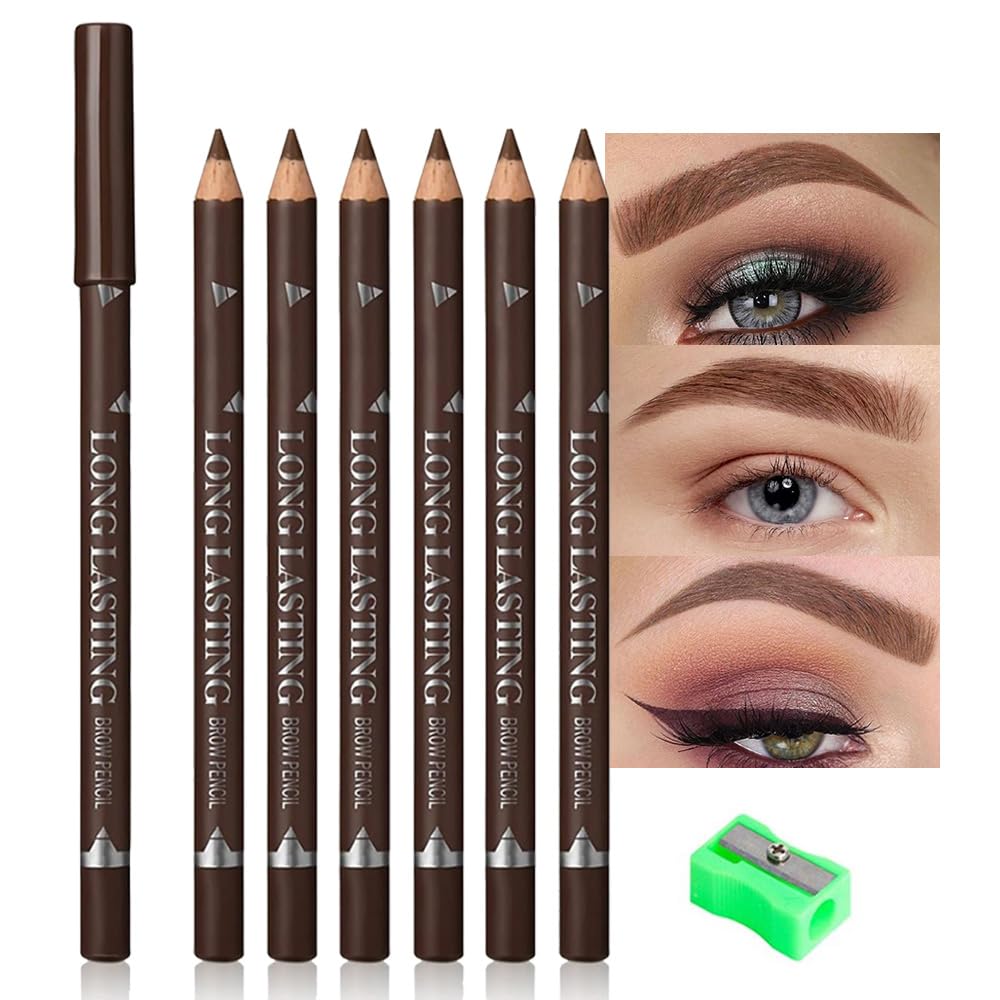 Feicuiyun 6Pcs Waterproof Medium Brown Eyebrow Pencil Set - Beginner Friendly, Sweat-Proof