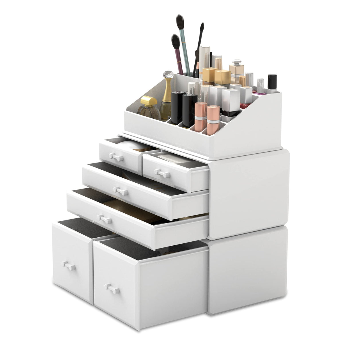 READAEER Makeup Organizer - 3 Piece Cosmetic Storage Case with 6 Drawers, White Plastic