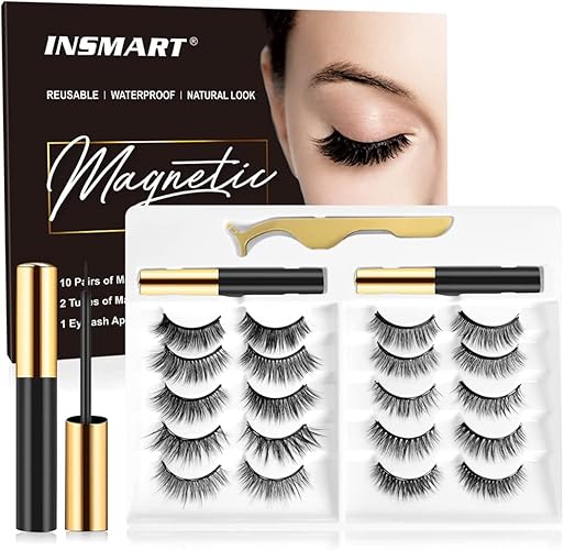 INSMART Magnetic Eyelashes & Eyeliner Kit - 10 Pairs Reusable 3D 5D with Tweezers