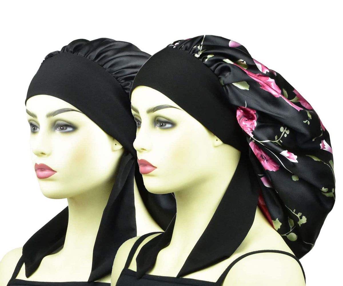 Cocosilk Satin Hair Bonnet Xl - Black + Rose Silk Sleeping Cap For Long Braids And Hair Care