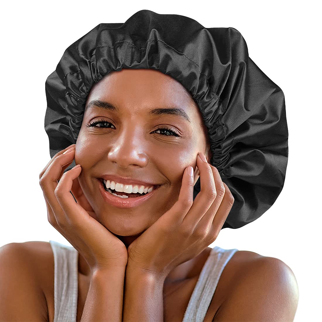 Heerf Jumbo Shower Cap For Men & Women - Satin, Large, Black - Perfect For Braids & Curly Hair