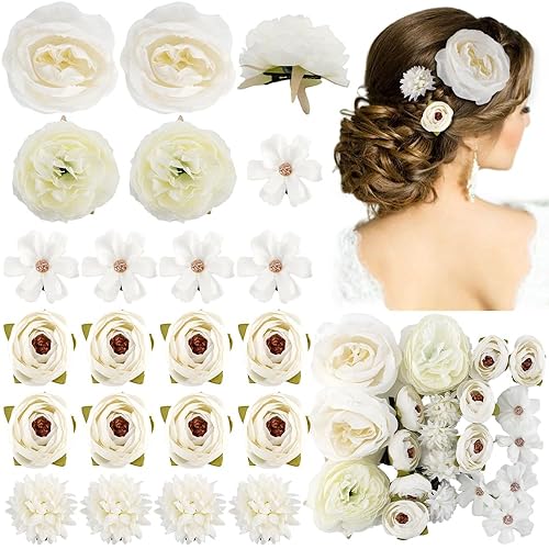 AHONEY 21 Pcs White Chiffon Flower Hair Clips for Women - Bridal Hair Accessories