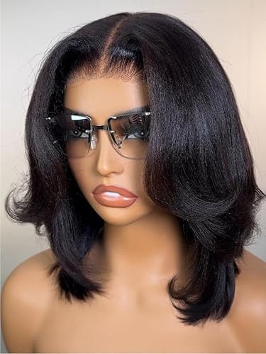 UNICE 12&quot; Yaki Kinky Straight Bob Wig - Human Hair, Pre Plucked, Lace Front, Glueless