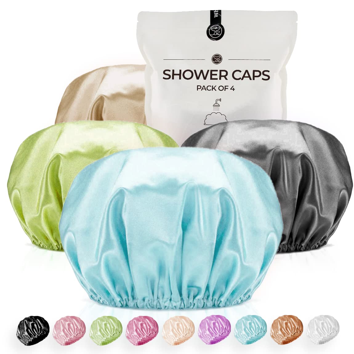 Whalelife Extra Large Satin Shower Caps For Women & Men - 4 Pack Waterproof (Baby Blue, Brown, Dark Grey, Green)