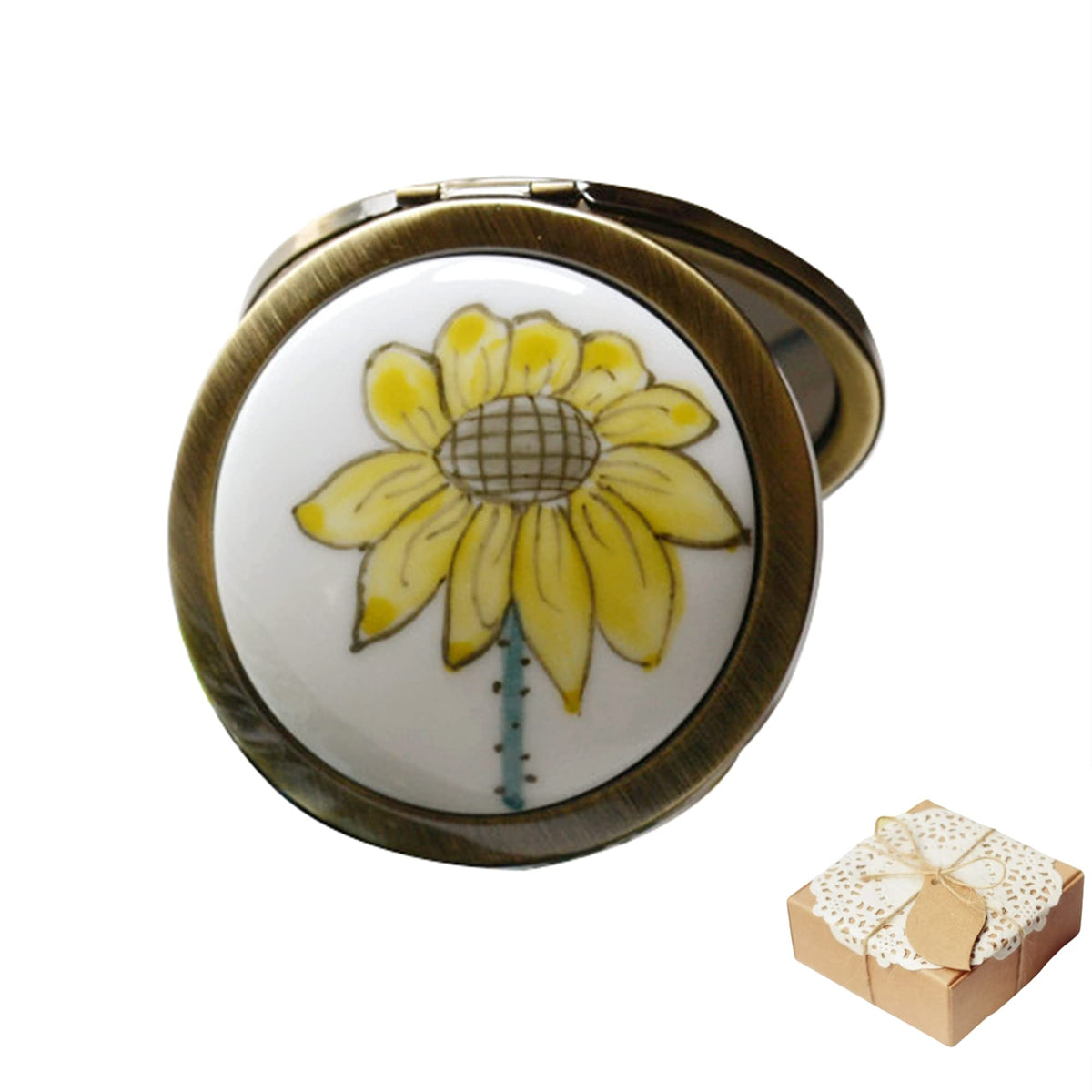 Roseward Hand Painted Sunflower Compact Mirror - 1X/2X Magnifying Copper Makeup Mirror For Women