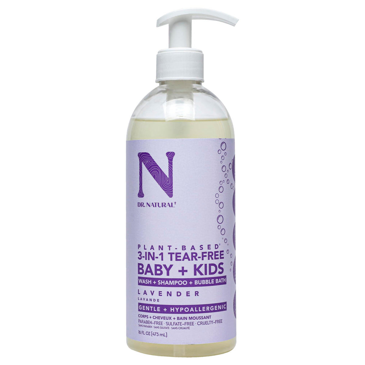 Dr Natural 3in1 TearFree Baby Plus Kids Soap  Lavender  16 oz  PlantBased Baby Shampoo and Body Wash  Sulfate and Paraben