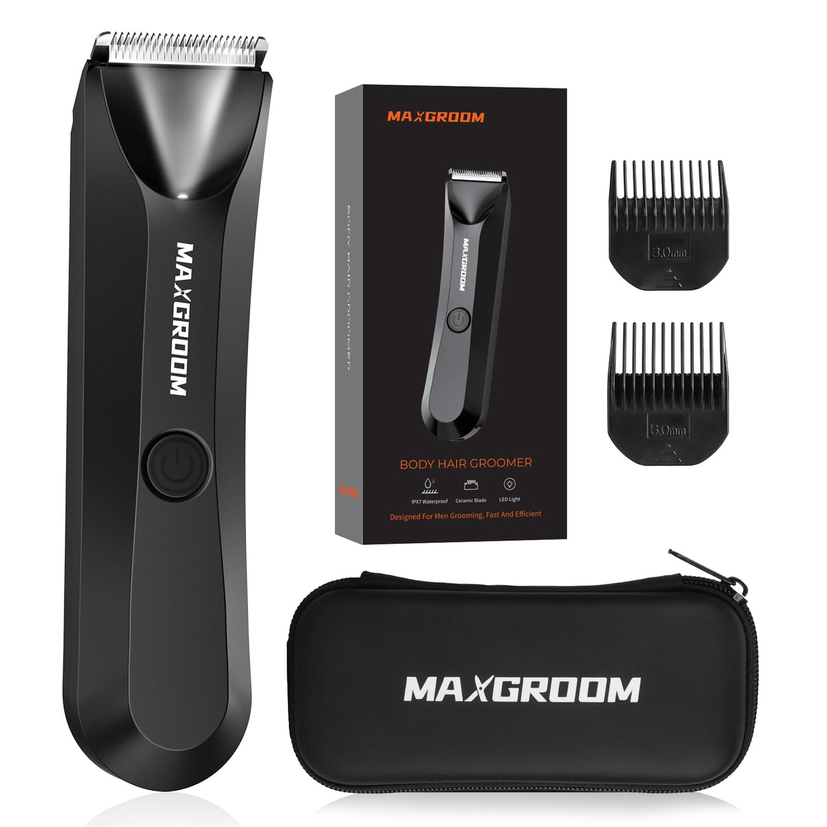 Maxgroom Waterproof Body Hair Trimmer For Men, Led Light, Ceramic Blade, Usb Rechargeable, Black