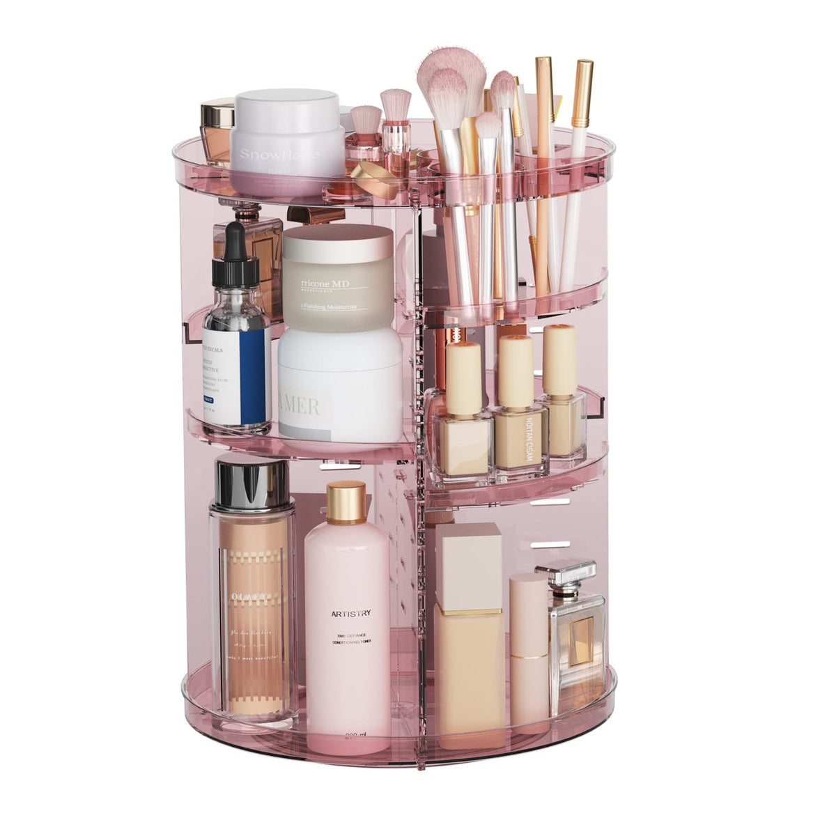 Jiavarry 360° Rotating Makeup Organizer - 8 Adjustable Layers, Clear Pink Cosmetic Storage Tower