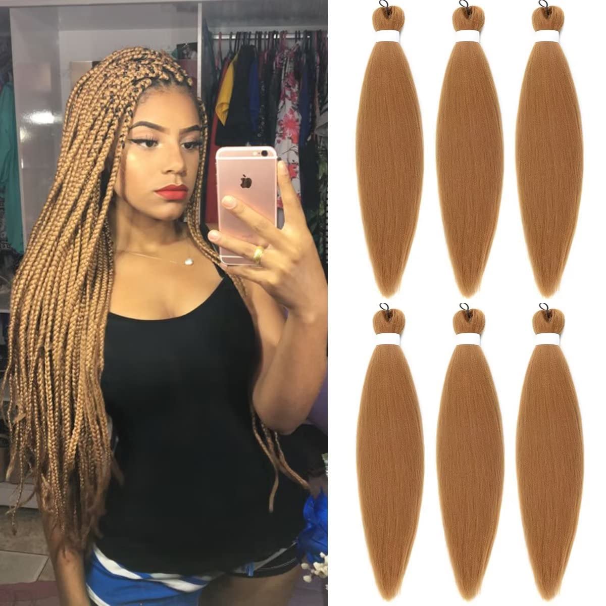 Alremyssy Pre-Stretched Honey Blonde Braiding Hair, 26&quot; Yaki Texture, 6 Packs For Crochet Extensions