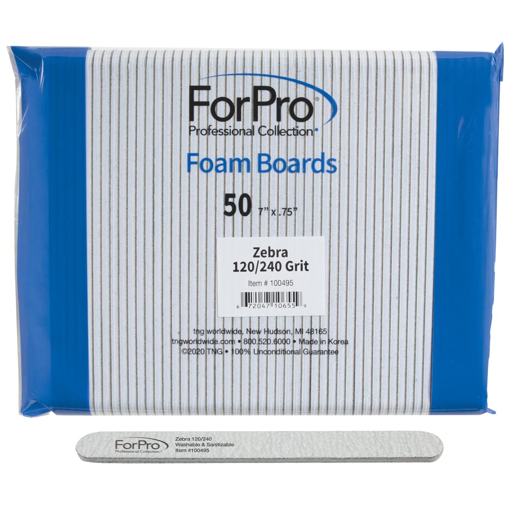 ForPro Zebra Foam Board Nail File, 120/240 Grit, Double-Sided, 7” L, 50-Count