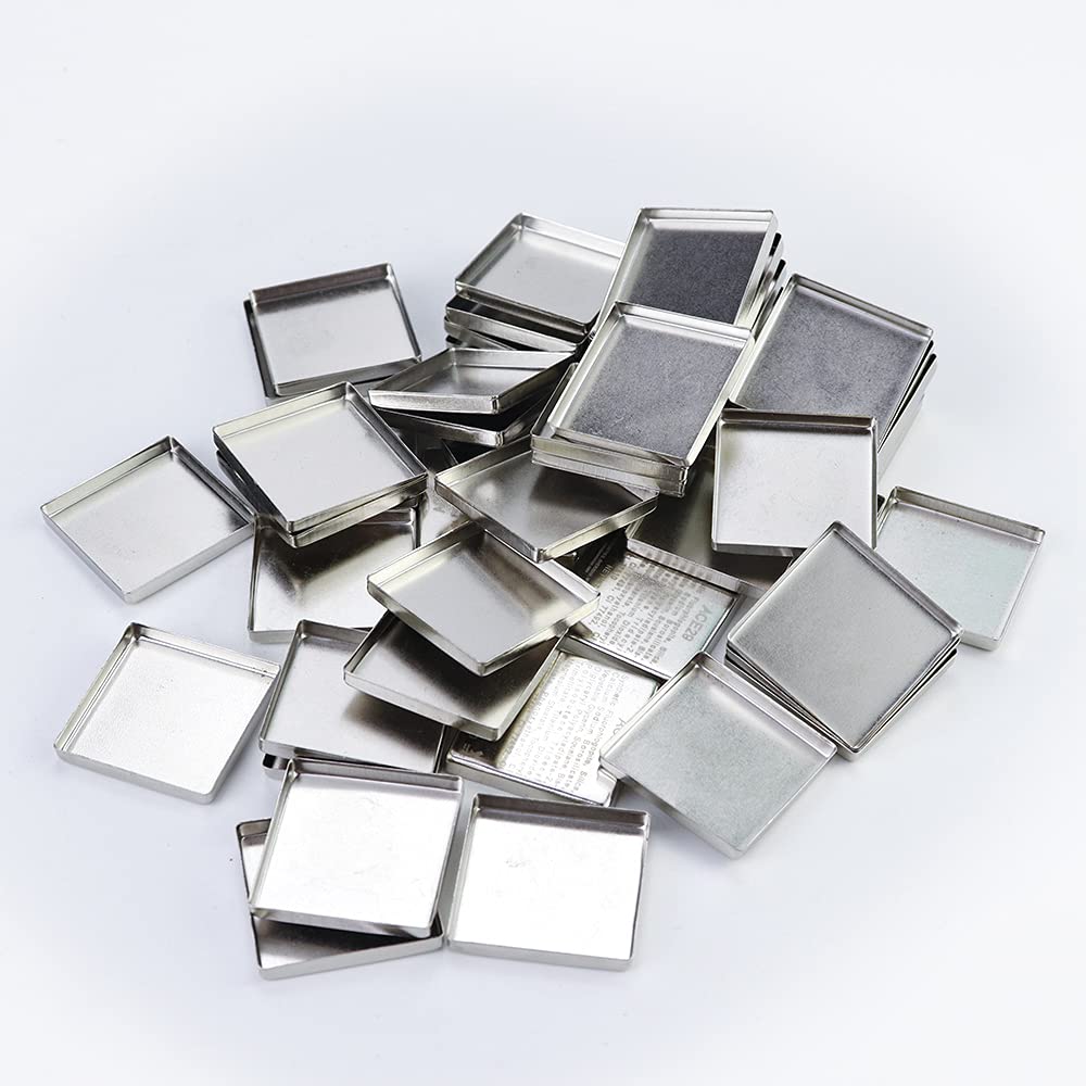 Szdym 50 Pcs Square Metal Makeup Palette Pans For Eyeshadow, 26Mm Silver Cosmetic Pans