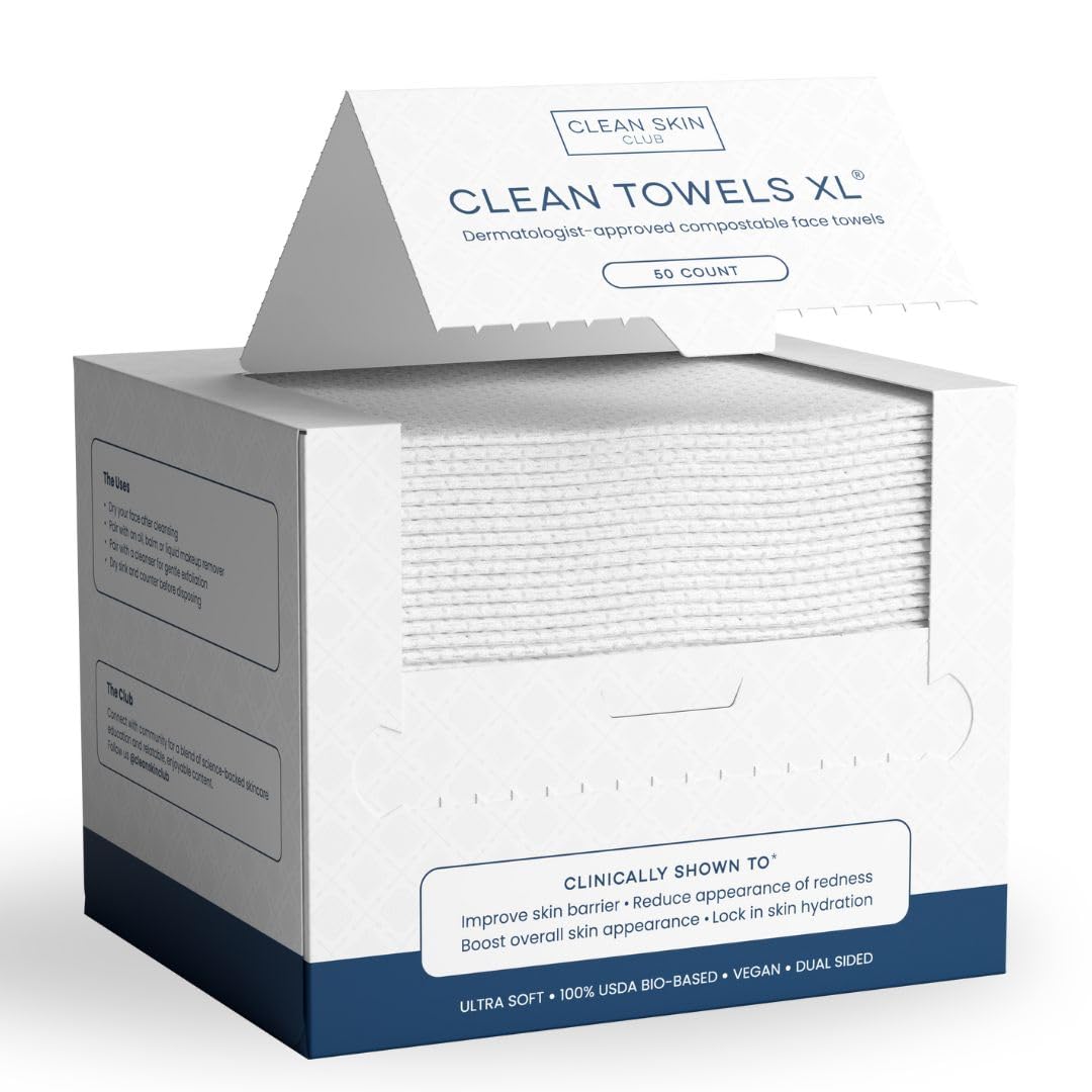 Clean Skin Club Clean Towels Xl™ - 100% Biobased Disposable Face Wipes, 50 Ct, Eczema