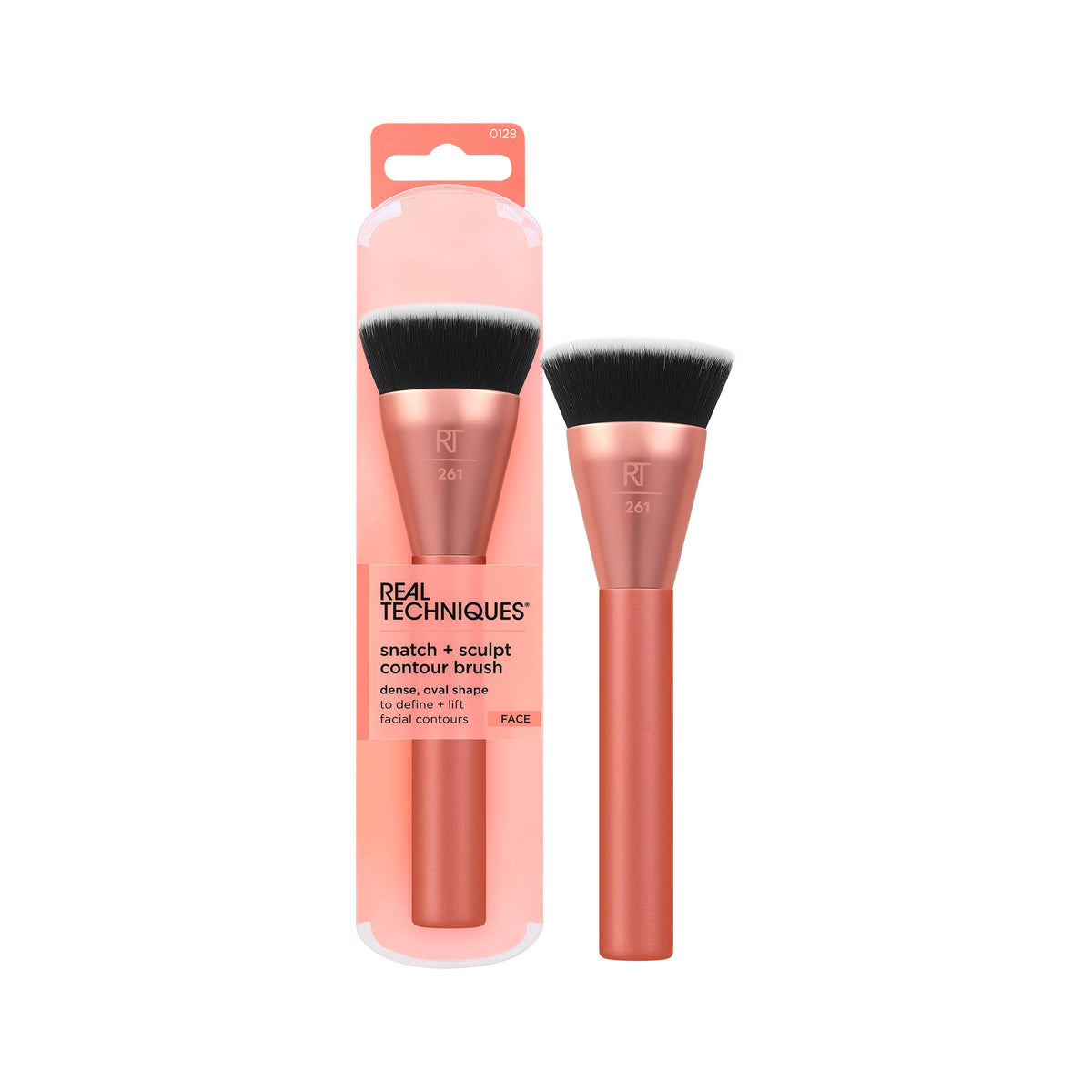 Real Techniques Snatch + Sculpt Contour Brush - Vegan, Synthetic Bristles, Flat Top, Pink