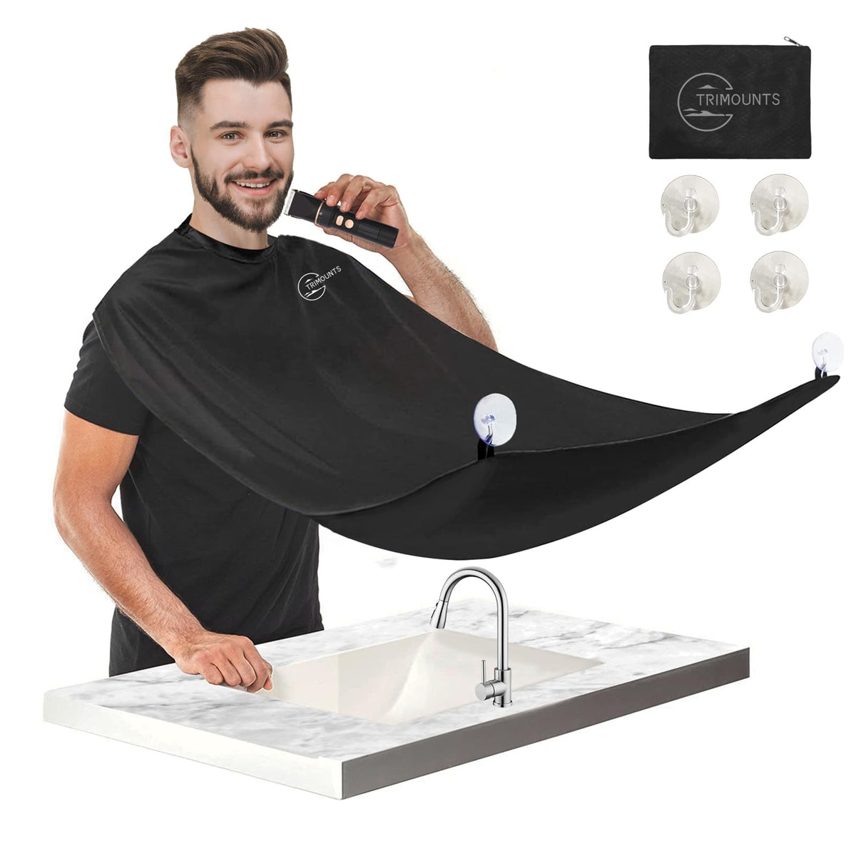 Trimounts Beard Bib Apron - Non-Stick Hair Catcher For Sink, Grooming Accessory, Black, 120X80