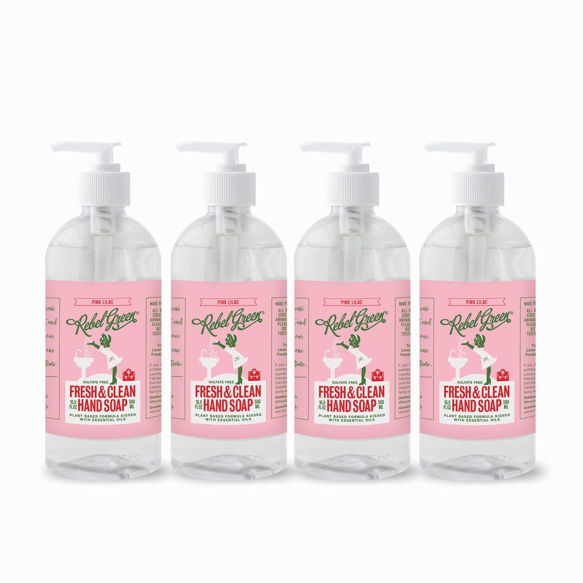 Rebel Green Liquid Hand Soap, 16.9 Oz - Fresh Pink Lilac Scent, 4 Pack For Kitchen & Bathroom