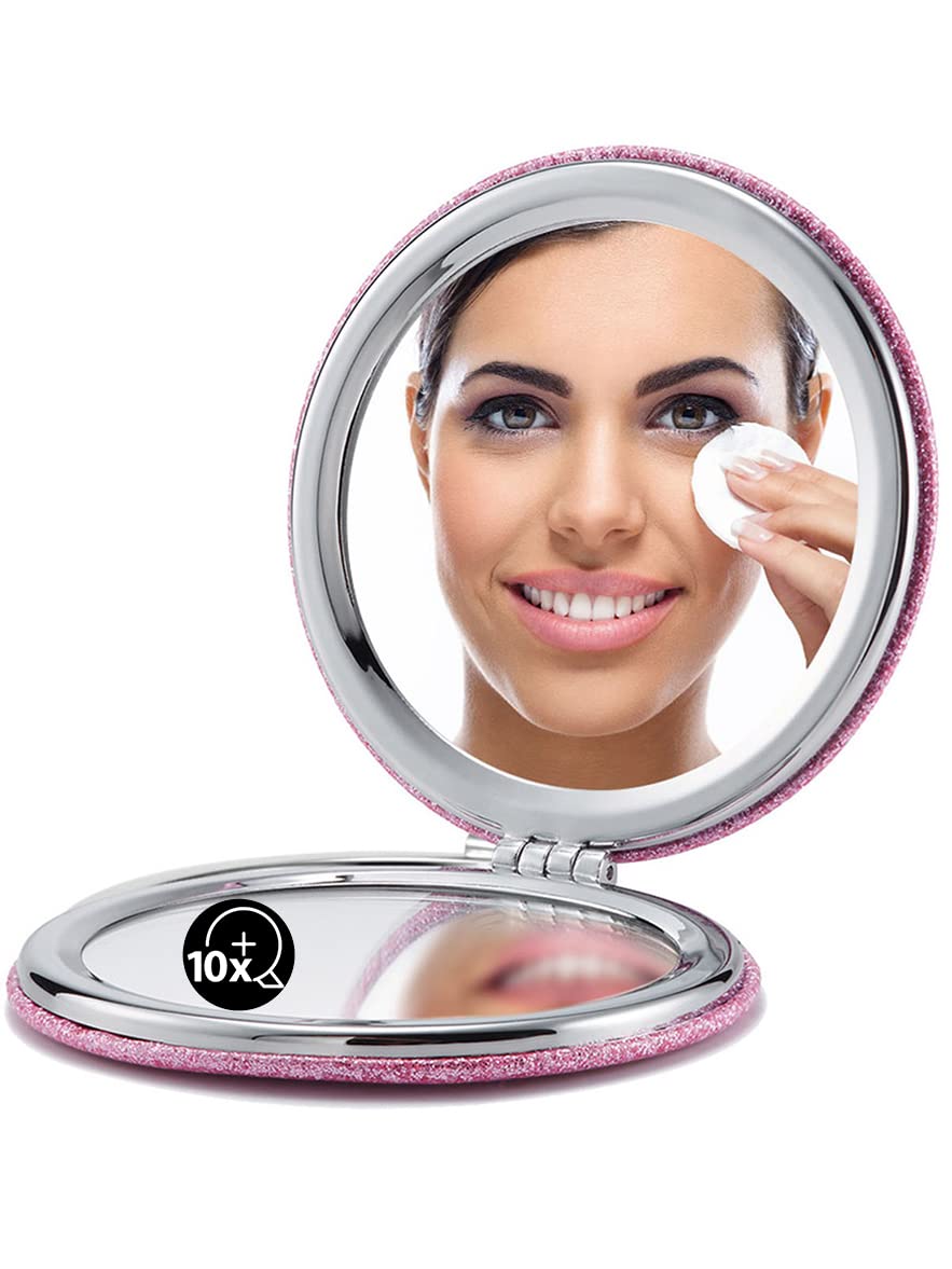 Omiro 1X/10X Magnifying Compact Mirror - Pink Pu Leather, Ultra-Portable For Travel & Purses