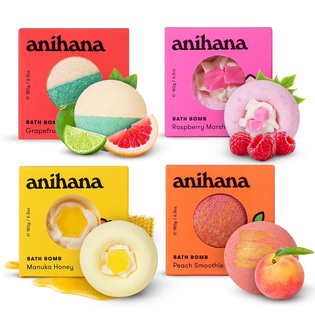 Anihana Bath Bombs Variety Pack - Coconut Oil, Paraben Free, 4 Scents, 6.3 Oz Each,