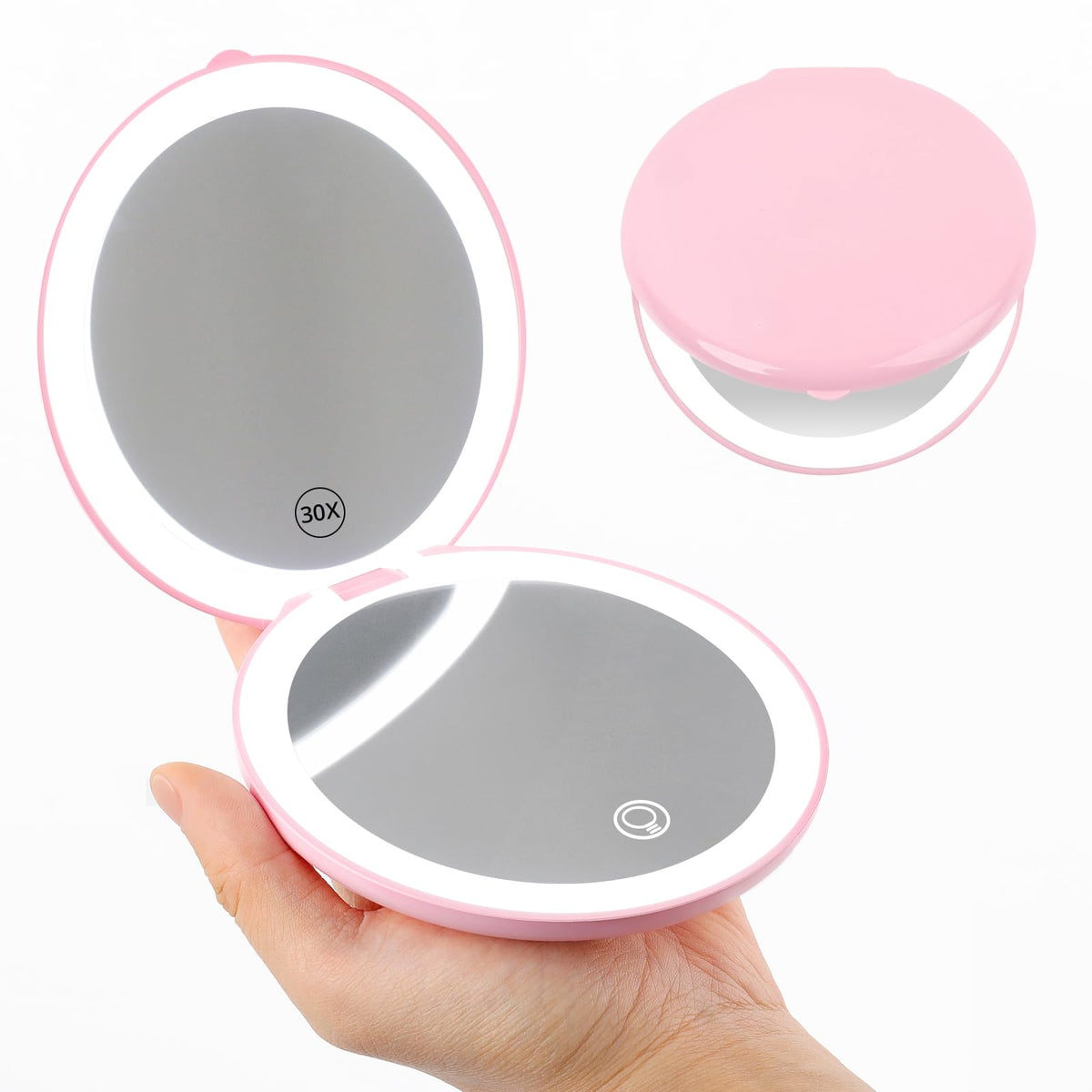 Fabuday 4.8'' Pink Travel Compact Makeup Mirror - 1X/30X Led Lighted, Rechargeable, 