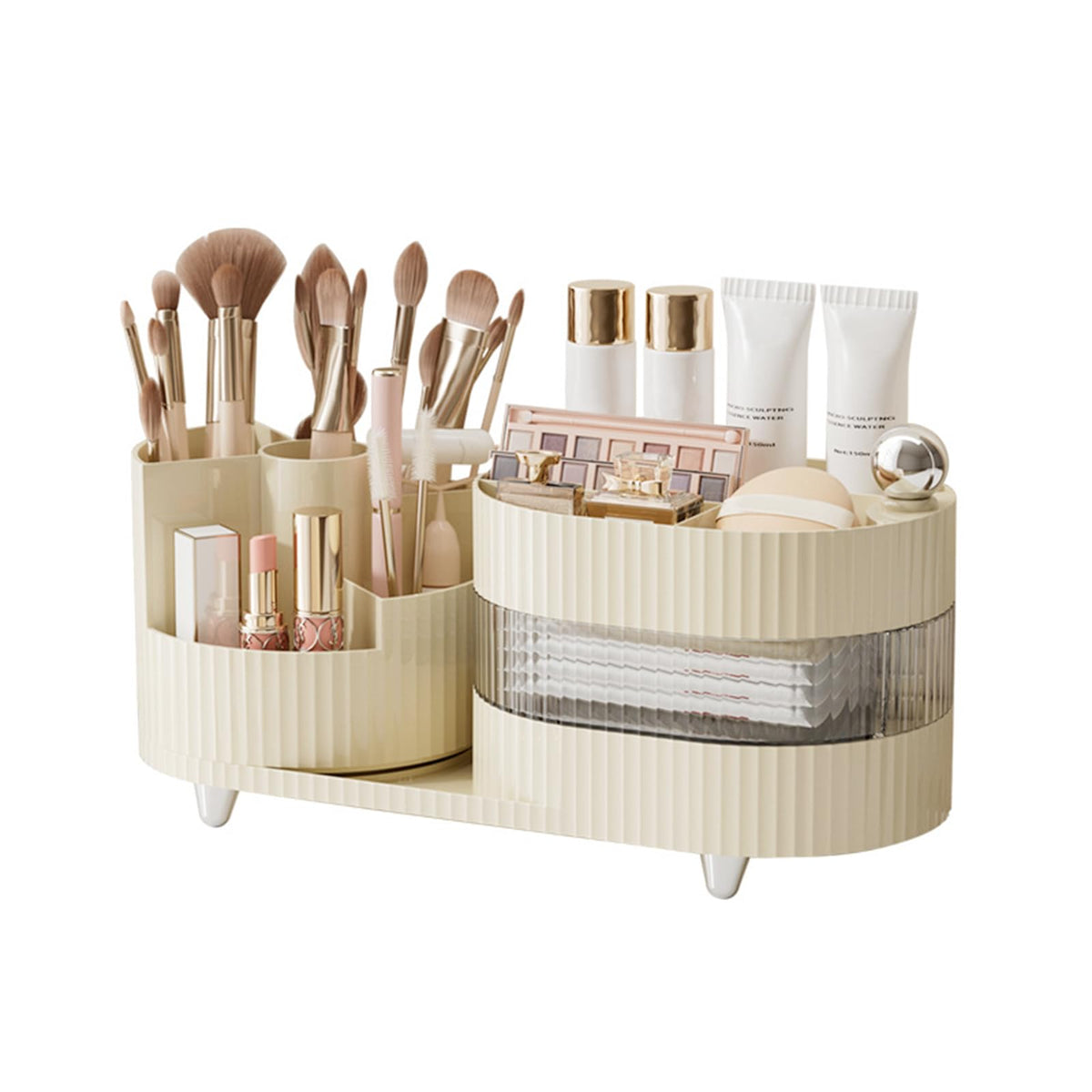 Dasiton 360° Rotating Makeup Organizer - Large Capacity Brush Holder For Vanity & Bathroom, Cream