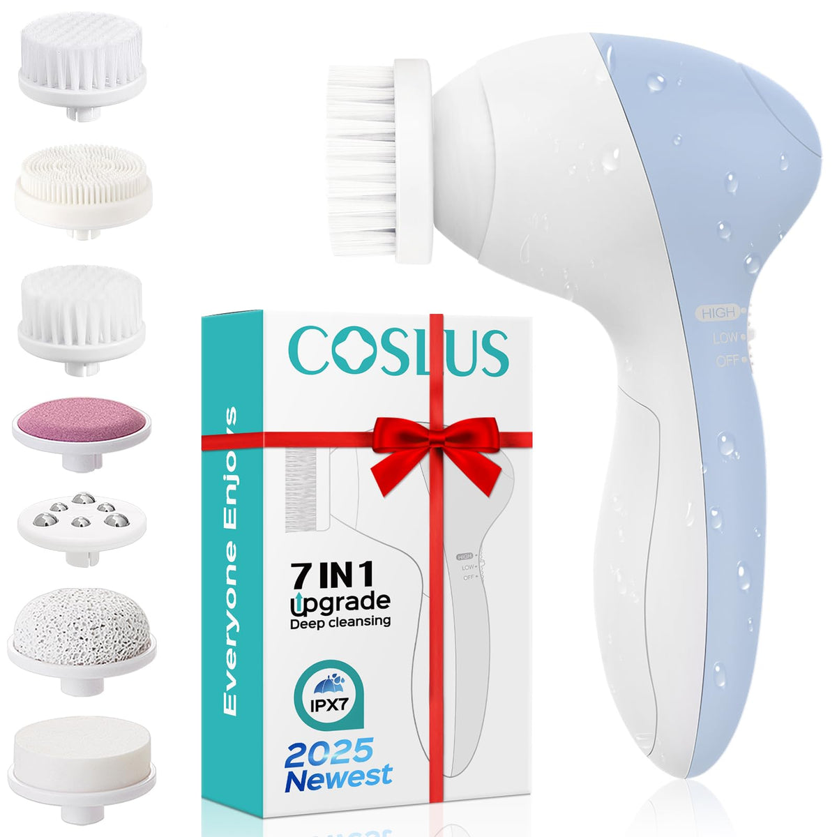 Coslus 7-In-1 Facial Cleansing Brush - Electric Silicone Exfoliating Spa Device, Waterproof