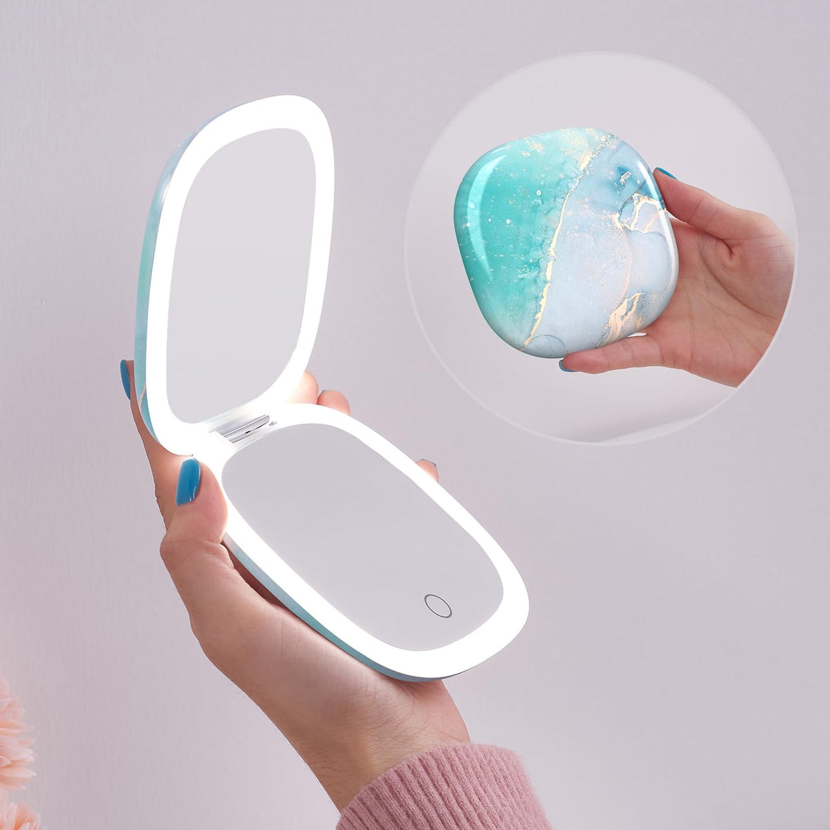 Mocado Compact Led Travel Makeup Mirror - 4&quot; Dual-Sided 1X/10X Magnification, Usb Rechargeable, Blue