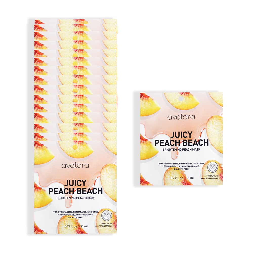 Avatara Juicy Peach Brightening Facial Mask, 15 Sheet Pack With Peach Extract & Hyaluronic Acid