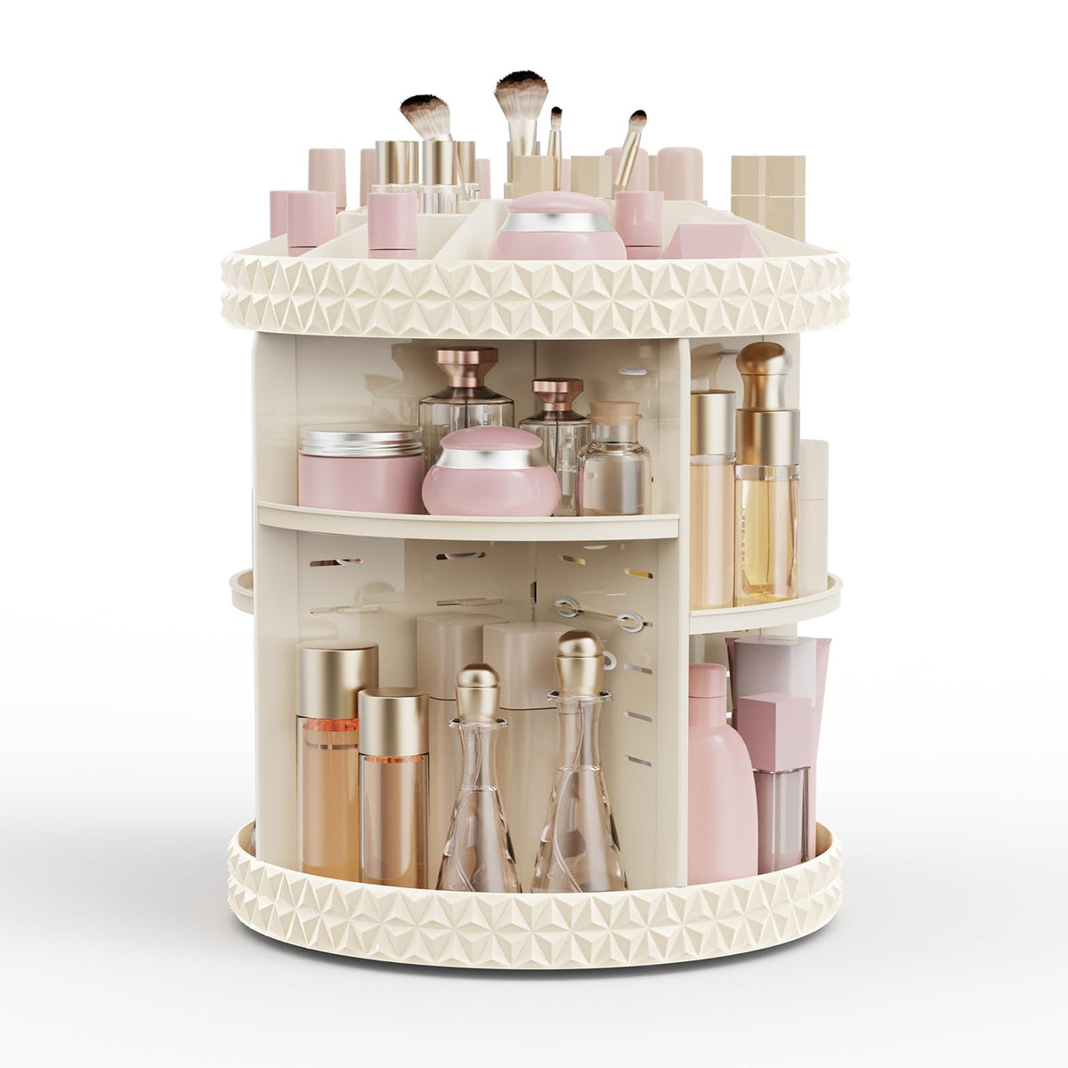 Rosoenvi 360° Rotating Makeup Organizer - Adjustable Beige Acrylic Cosmetic Storage For Dresser