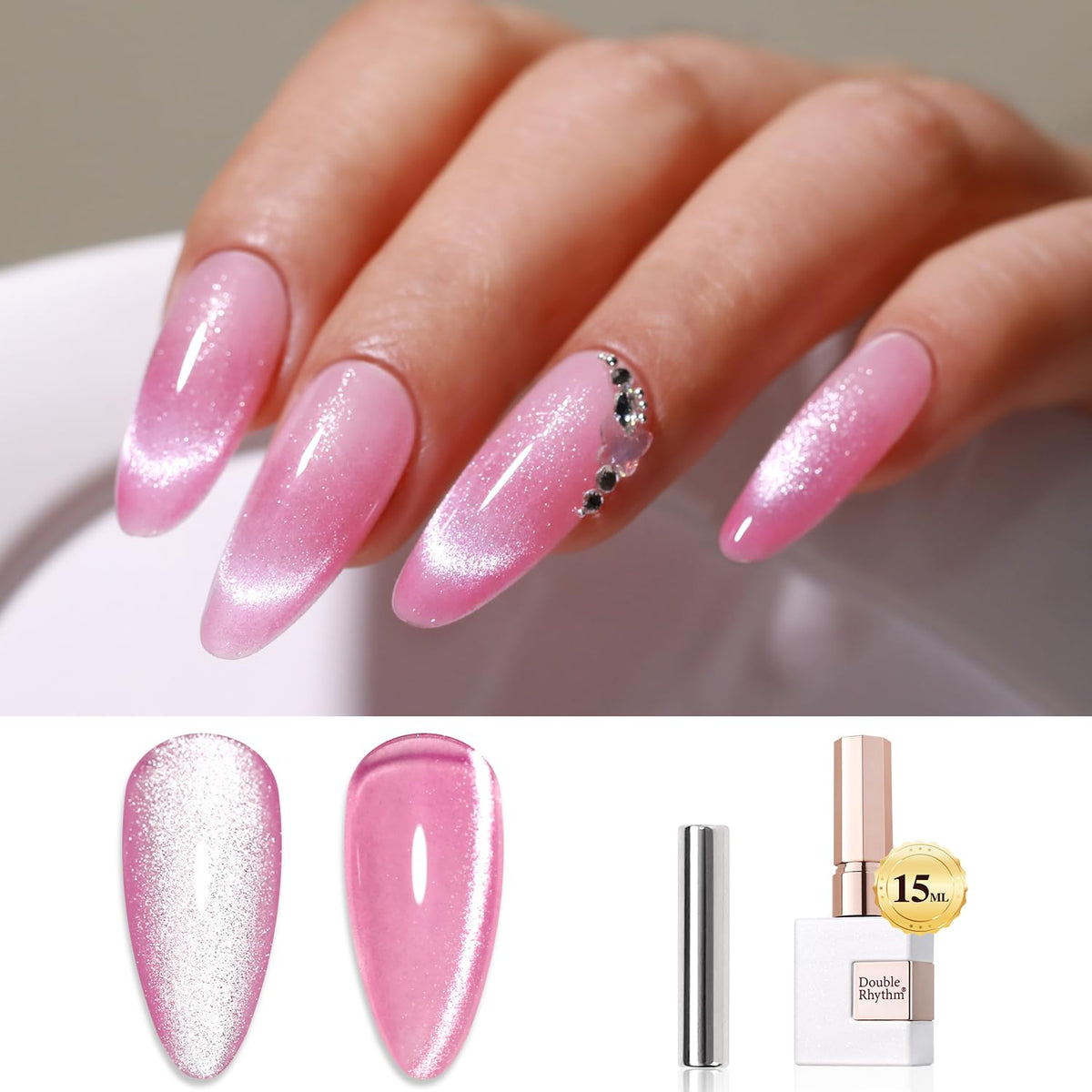 Double Rhythm 0.5 Oz Pink Glitter Cat Eye Gel Polish With Magnet - Holographic Nail Art 15Ml