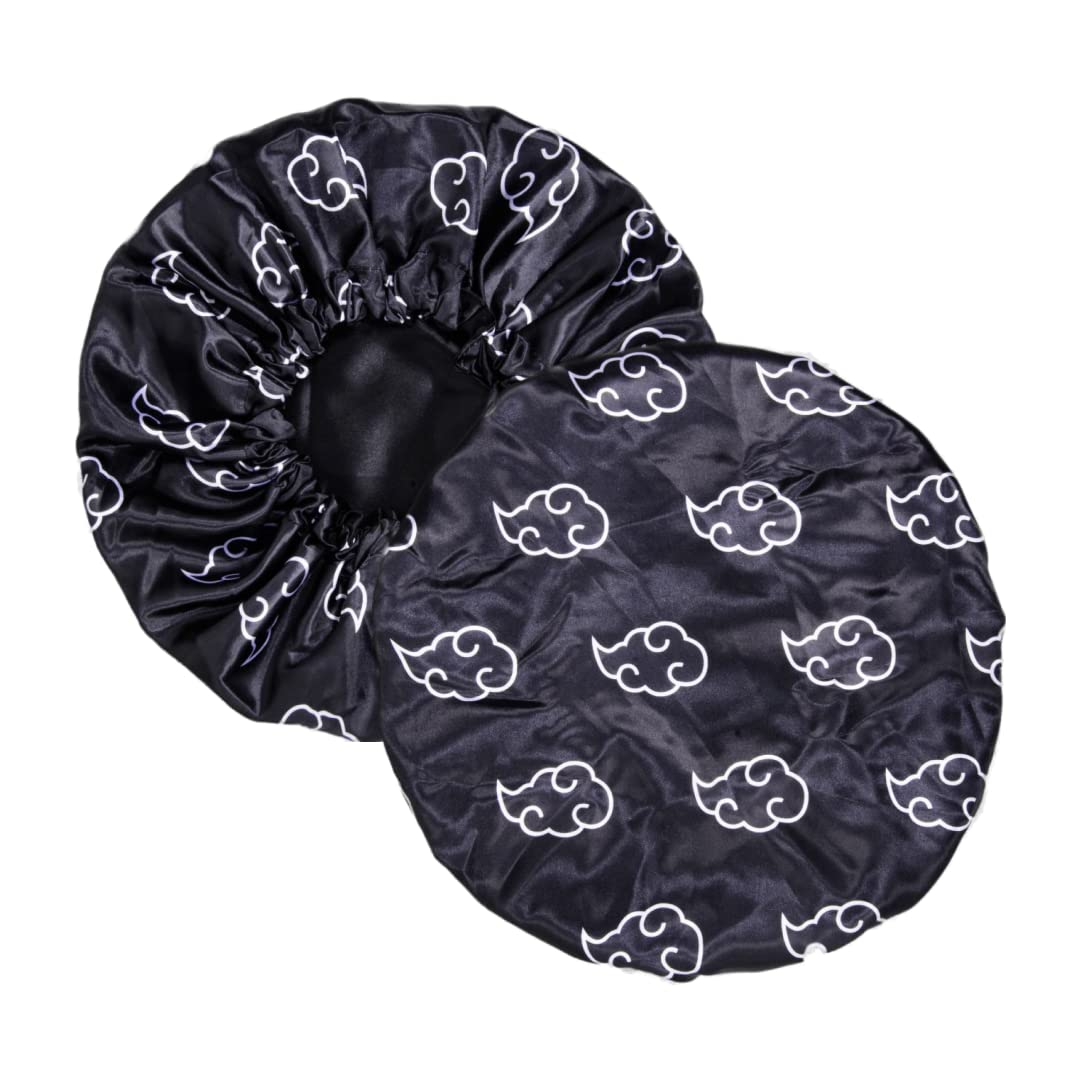 Crown Large Silky Anime Bonnet, Adjustable Satin Sleep Cap For Men & Women, Black Cloud