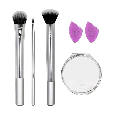 Real Techniques 6-Piece Makeup Brush Set With Blender Sponges & Compact Mirror - Silver