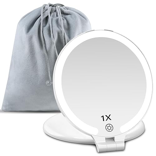 FUNTOUCH 1X/10X Travel Magnifying Mirror with Light, Rechargeable, 3 Lighting Modes, Portable White