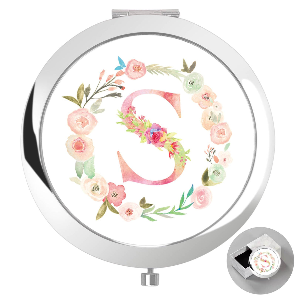 Boutikpro Floral Monogram Compact Mirror For Women - Personalized Gift, Silver, 2.8&quot;