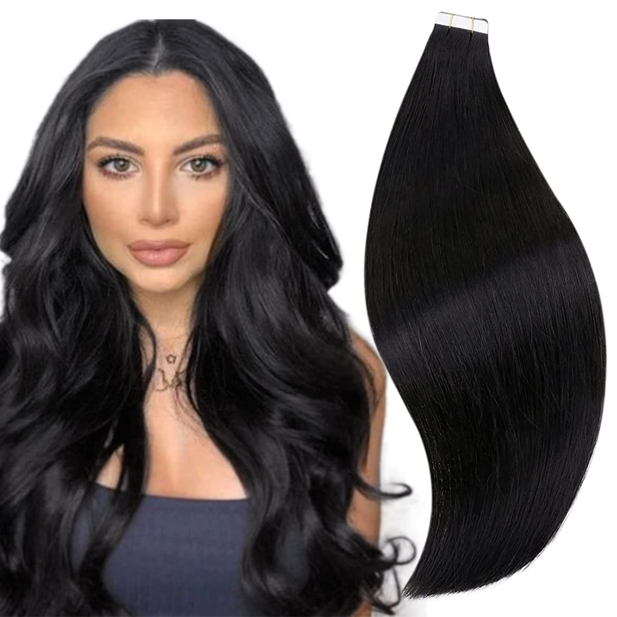 Runature 18 Inch Tape In Hair Extensions - Black Human Hair, Straight, Remy, 50G, 20Pcs