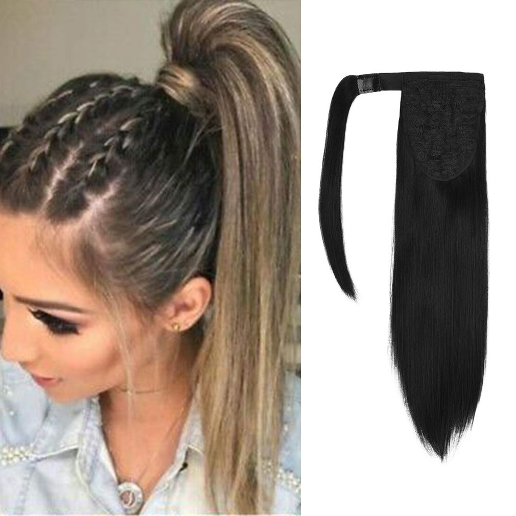 Seikea 12&quot; Clip In Ponytail Extension Wrap Around Straight Hair, Black Synthetic Hair For Women