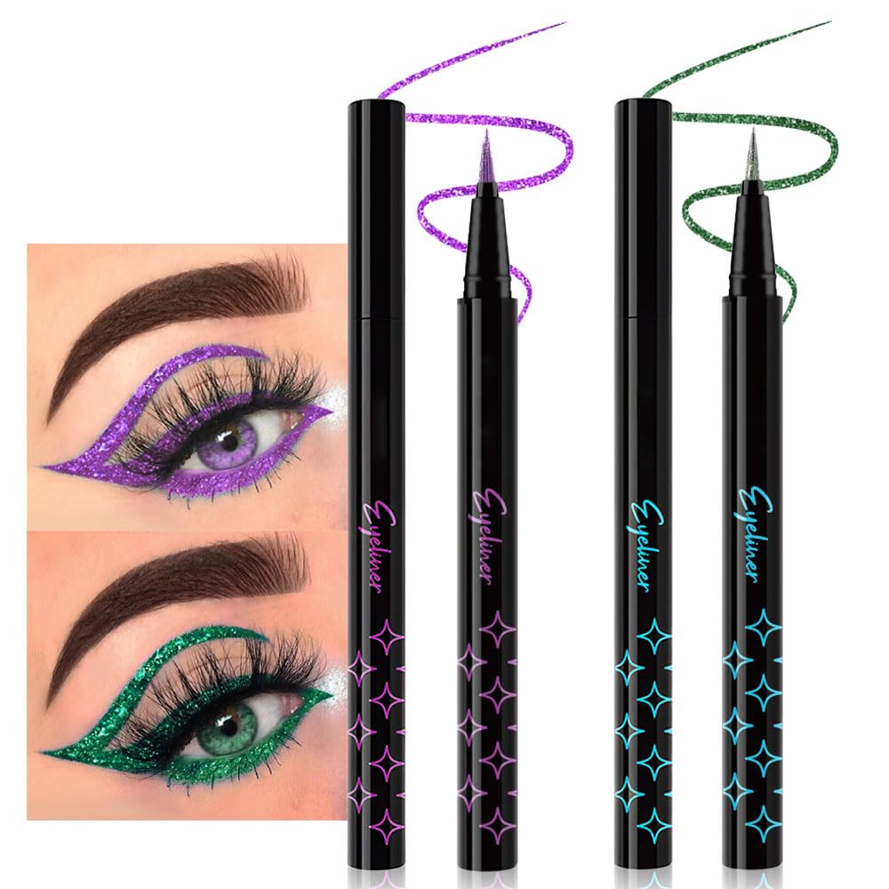 Evpct 2Pcs Glitter Eyeliner Set - Waterproof Shimmer Purple & Green Long Lasting Eye Makeup