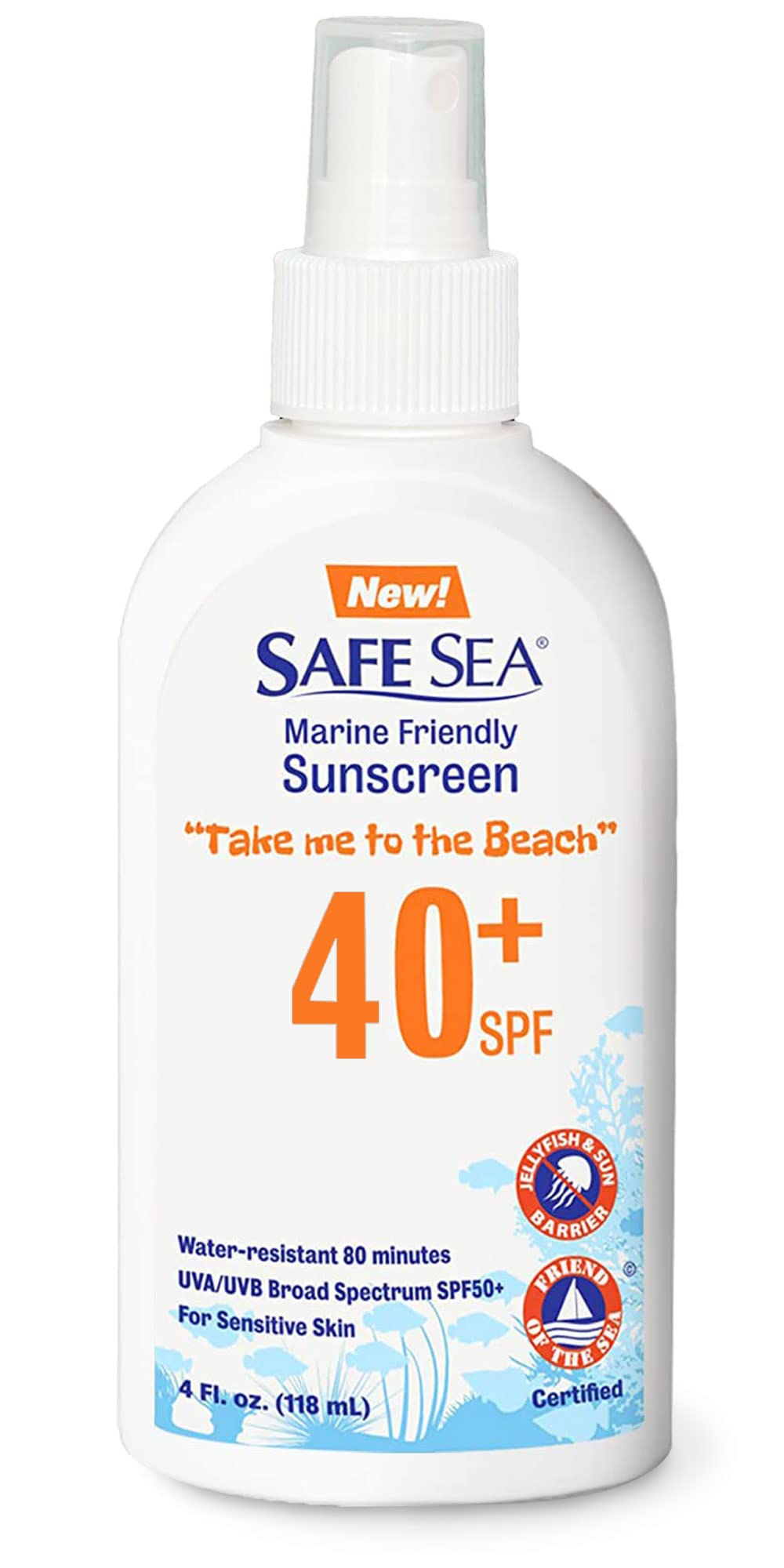 Safe Sea Jellyfish Sting-Blocking Sunscreen Spray, Spf 40+, Waterproof, Coral Reef-Safe, 4 Fl Oz