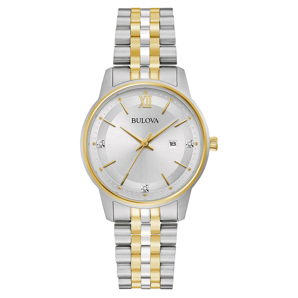 Bulova Ladies' Classic Diamond Two-Tone Gold Stainless Steel Quartz Watch, Silver Dial 98P197