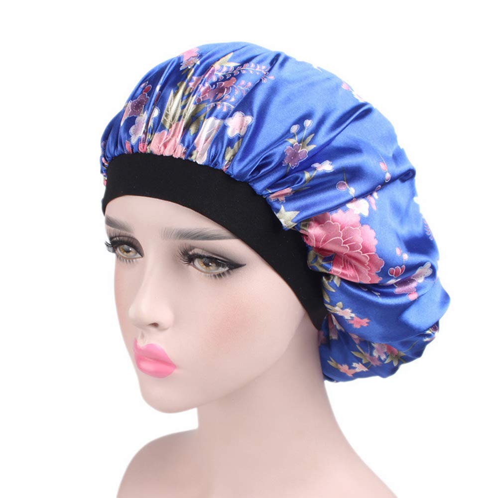 Tvoip Satin Bonnet For Women - Blue Flower Sleep Cap With Wide Elastic Band, One Size