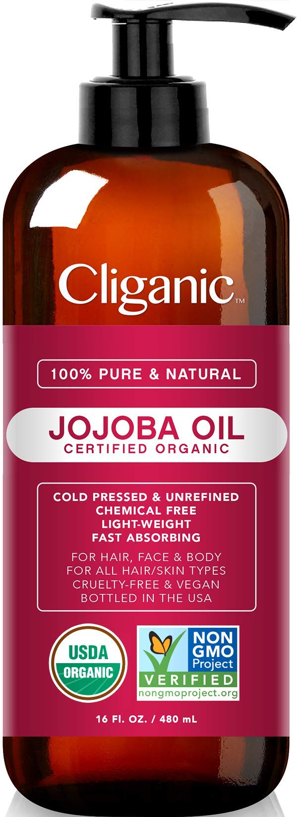 Cliganic Usda Organic Jojoba Oil 16Oz Pump - 100% Pure Moisturizing Oil For Face, Hair, Skin